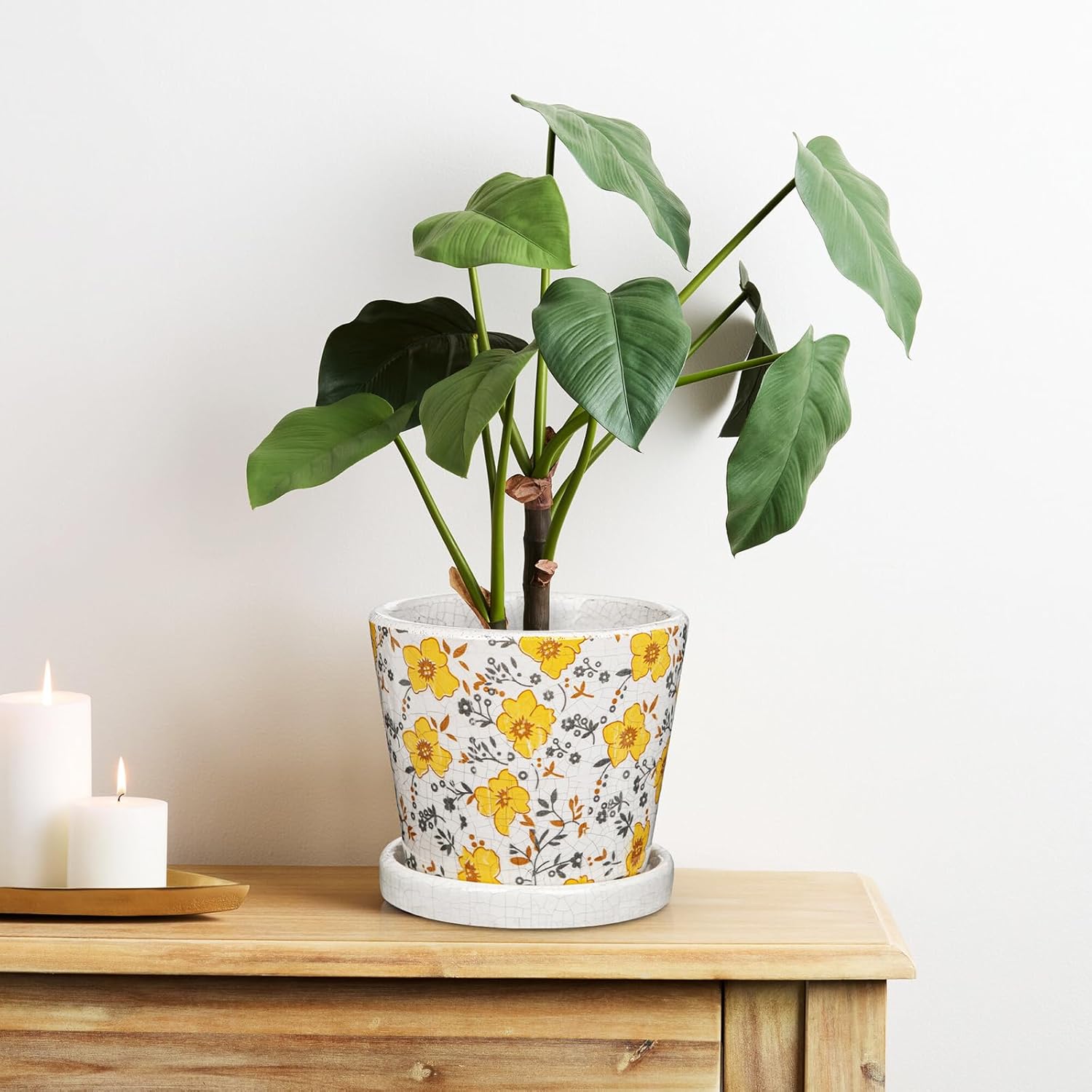 Small Ceramic Pot for Indoor Plants - 5.5 inch Plant Pot with Drainage Hole and Saucer Yellow Flower Decorative Planter Indoor Outdoor Pots for Succulent Cactus Pothos Plant Windowsill Home Garden - Image 4