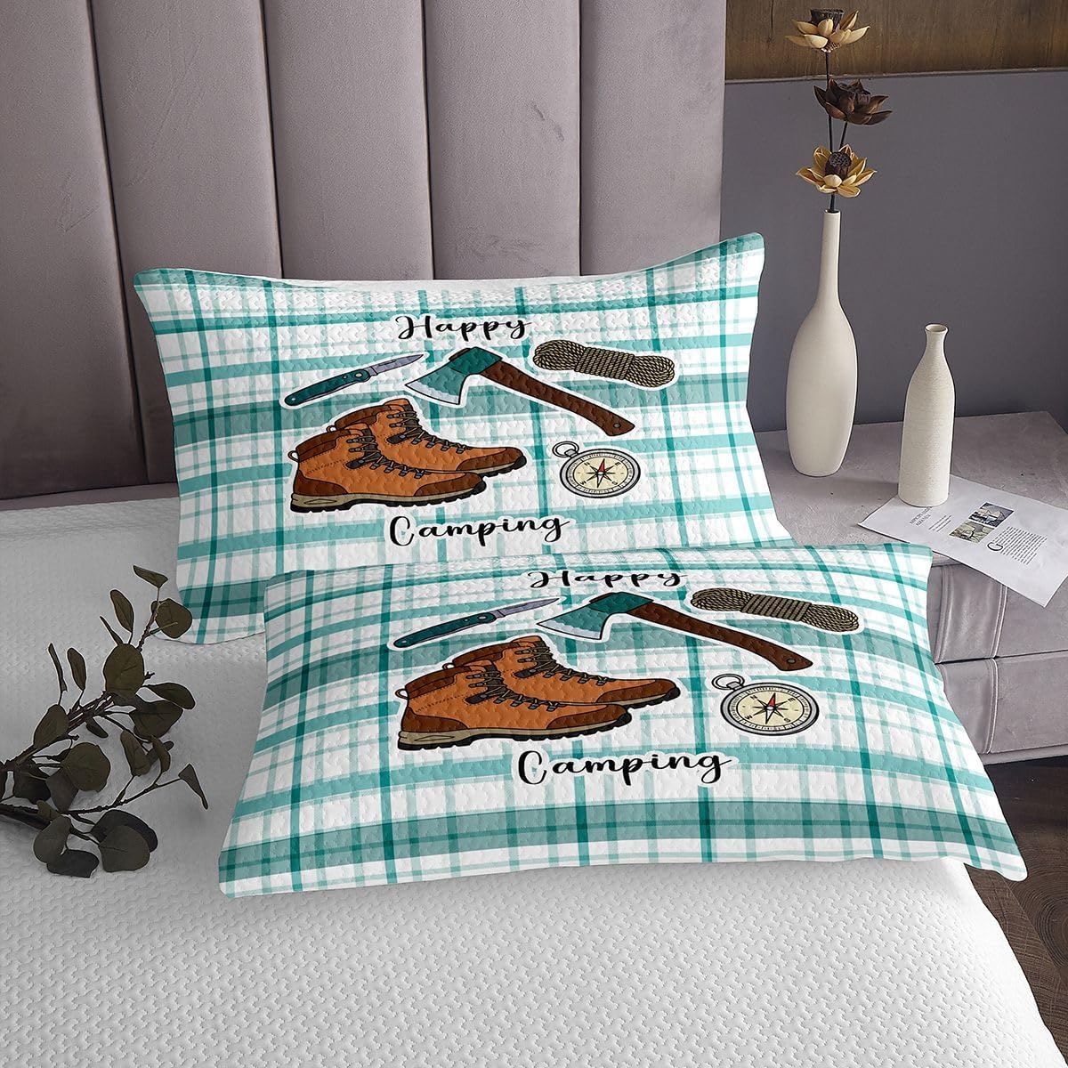 Erosebridal Happying Camping Quilt Set Camp Travel Boots Queen Bedspread Set Lodge Cabin Coverlet Sets Vintage Farmhouse Style Quilted image 4