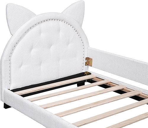 Miniatura 4 de Bellemave Marco de sofá cama tapizado individual para niños, cama de plataforma de vellón de peluche con cabecera en forma de orejas de cartón, sofá