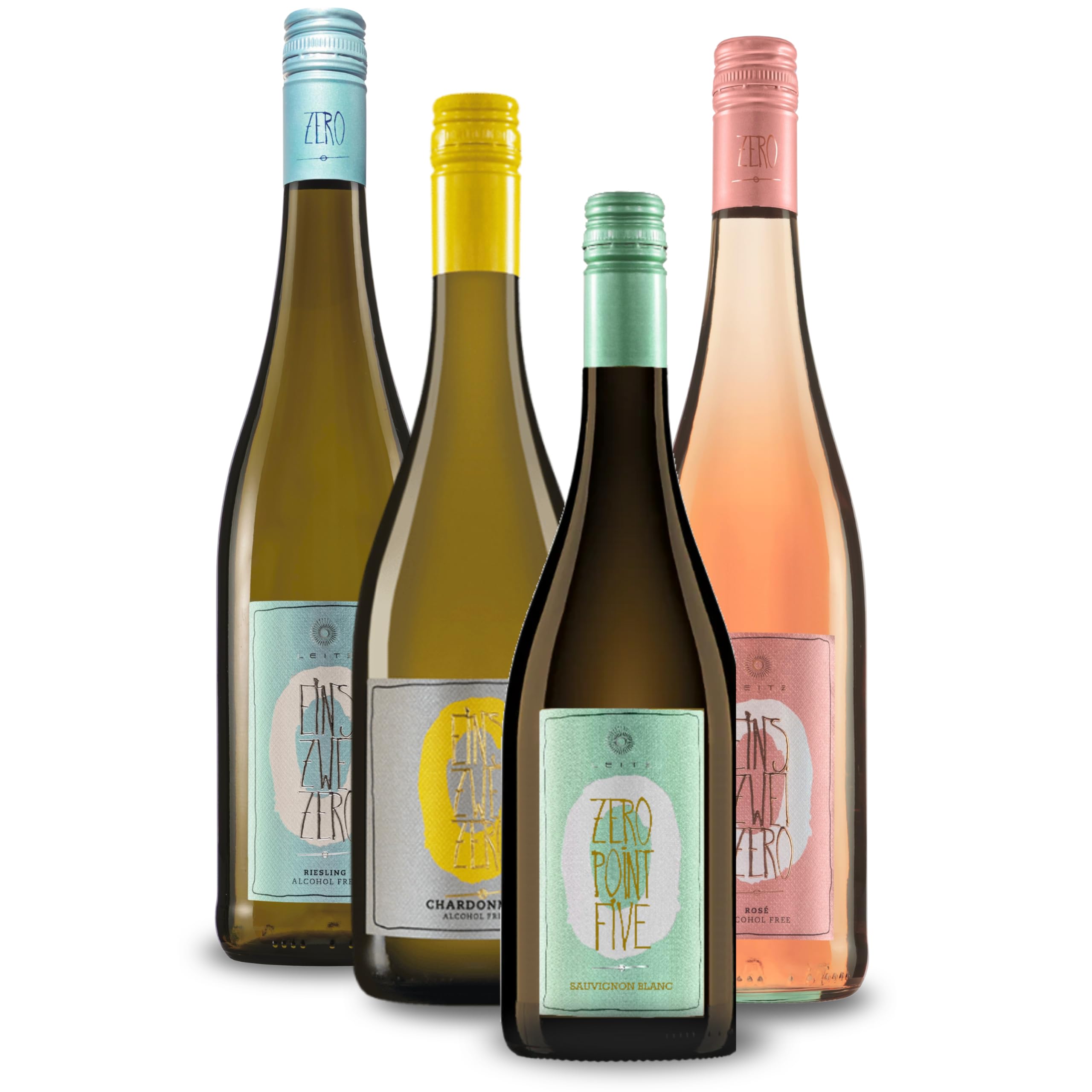 4er Weinpaket alkoholfrei „Weiß & Rosé“ vom Weingut Leitz – 0,5% Vol | Riesling, Chardonnay, Rosé, Sauvignon Blanc | Eins-Zwei-Zero Probierpaket inkl. Weinausgießer | alkoholfreier Weißwein & Roséwein