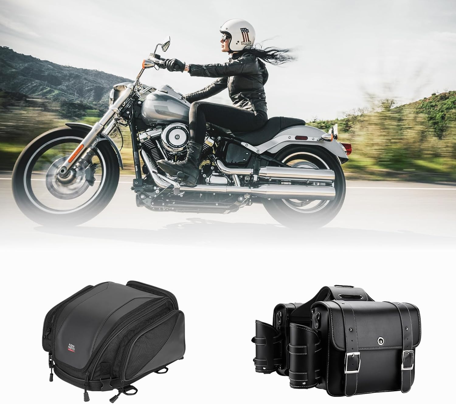 KEMIMOTO Motorcycle Saddlebags Bundle with Motorcycle Tail Bag Expandable Sissy bar Bag Compatible with Sportster Softail Dyna Touring