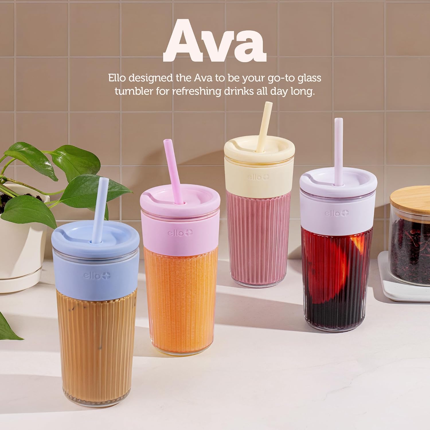 Ello Ava 18oz Glass Tumbler with Straw and Lid for Iced Coffee, Lemon
