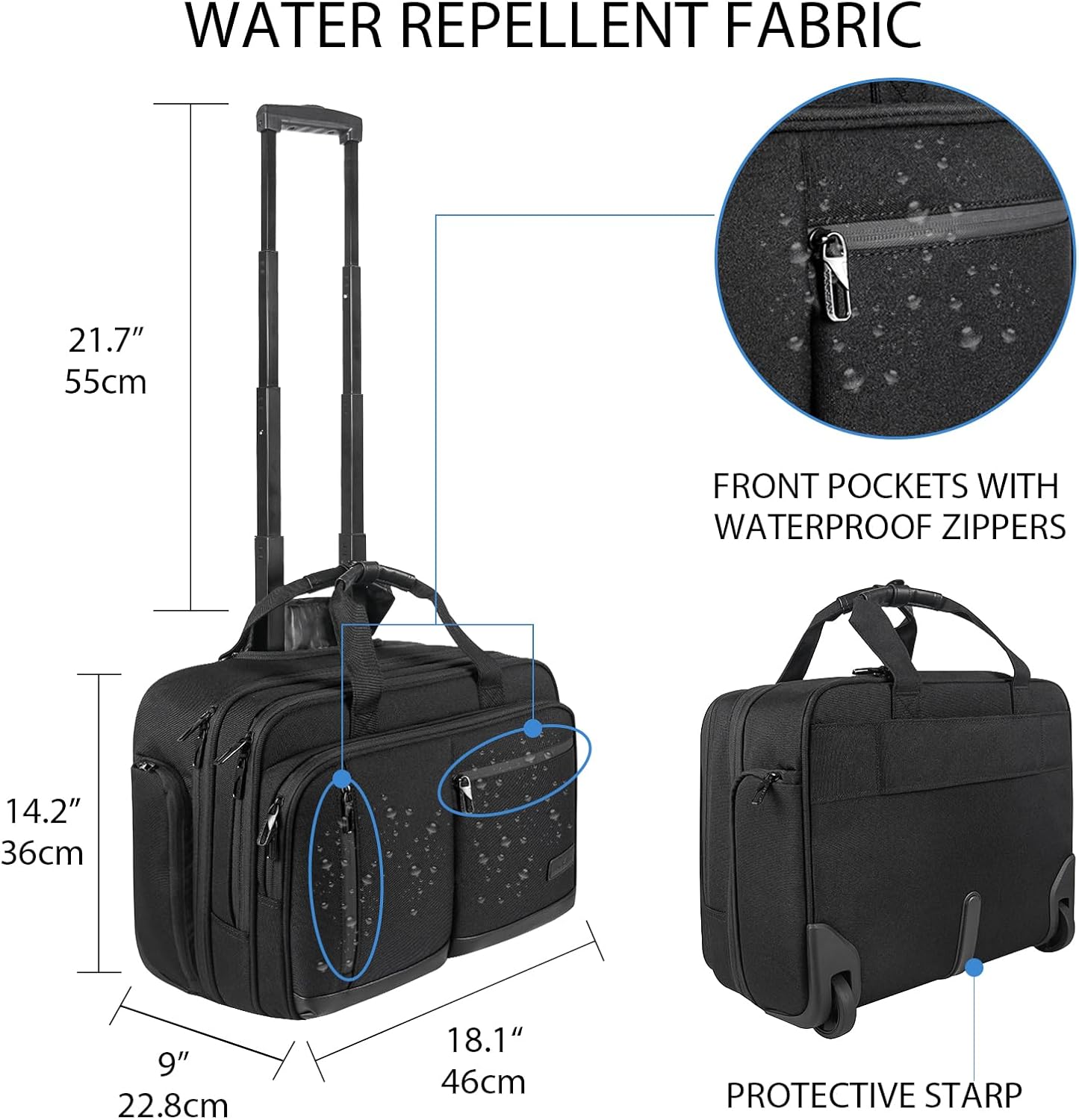 VANKEAN 17.3 Inch Rolling Laptop Bag, Waterproof Overnight Rolling Bags, Laptop Bags for Travel/Work/Business, Stylish Carry on Briefcase, Black - Image 2