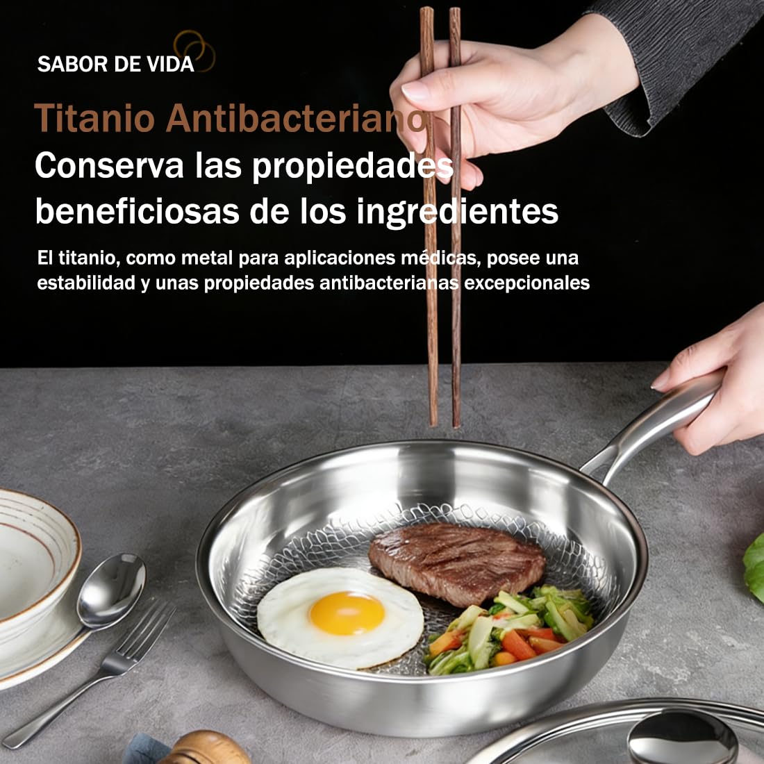 Sartén Titanio Actualizada 2026, Sartén de Titanio para Cocina y Acampada, Antiadherente y Resistente a Arañazos, Libre de PTFE y PFOA, Apta para Todo Tipo de Cocinas (Con tapa, 22cm)