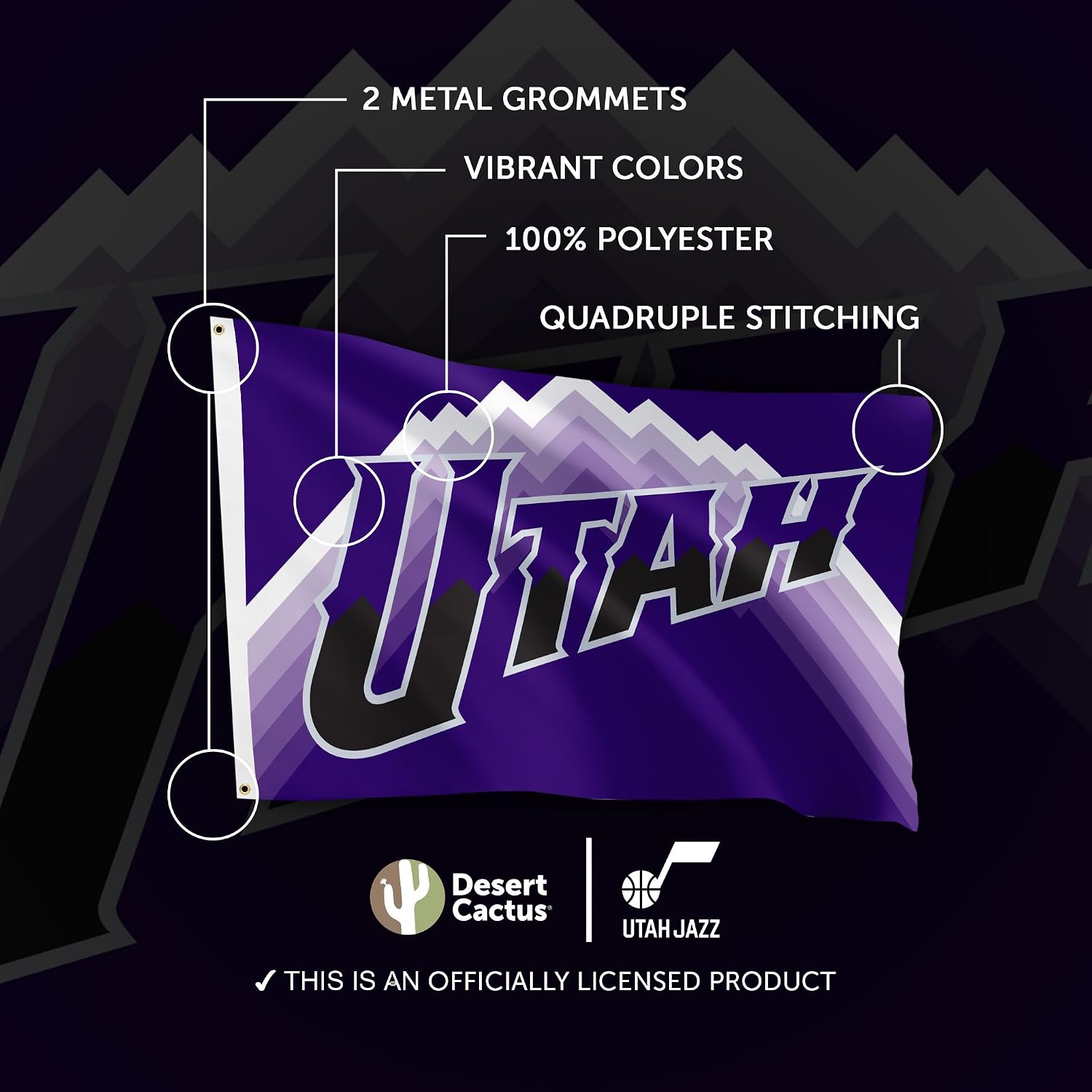 Desert Cactus Utah Jazz Flag NBA 100% Polyester Indoor Outdoor 3x5 feet National Basketball Association Team Flags (Flag City Edition 2023 A)