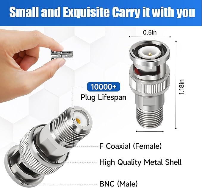 Conector F a BNC 2 Pack, Adaptador Coaxial 75 Ohm para CCTV miniatura 2