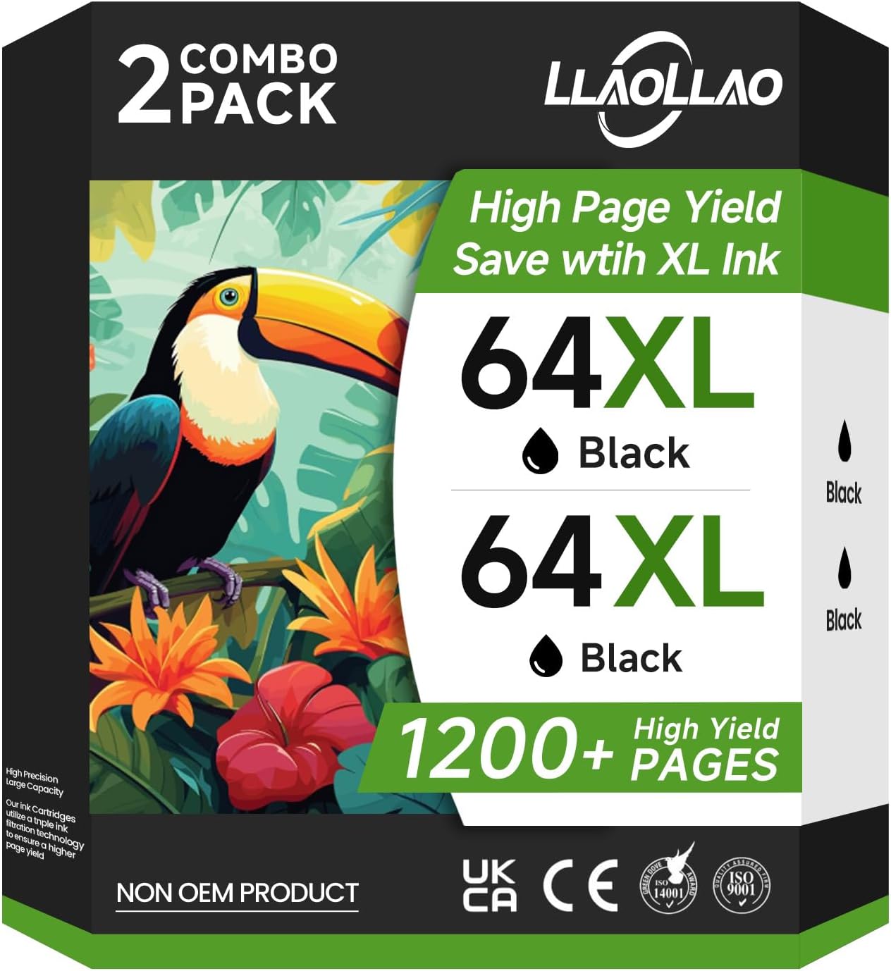 LLAOLLAO 64XL Black Ink Cartridge Replacement for HP Ink 64 High Yield Printer Ink 64 XL Works with HP Envy Photo 7855 7858 7155 7800 6255 6252 7158 Tango Printer (2 Black)