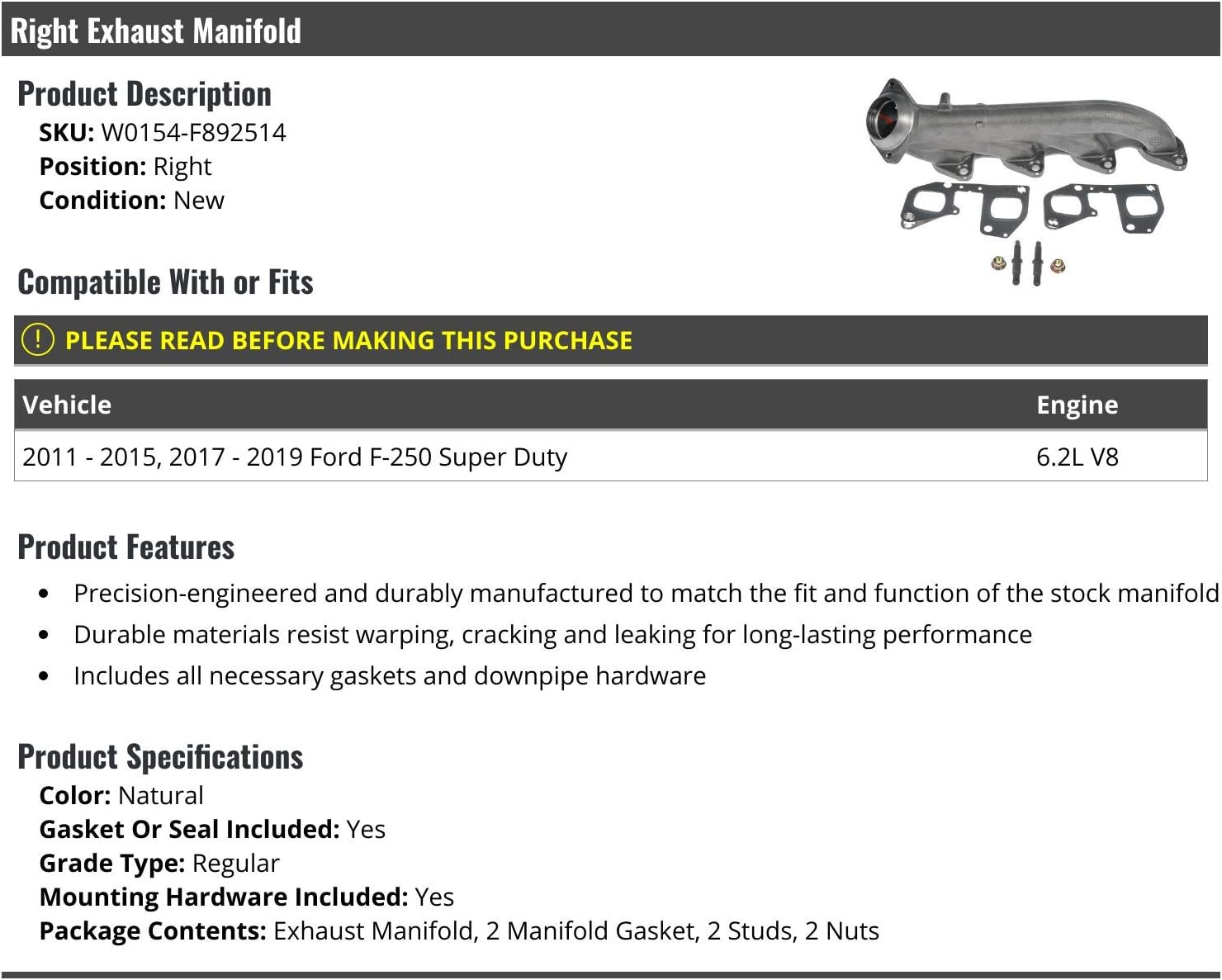 Right Passenger Side Exhaust Manifold - with Gasket, Studs, and Nuts - Compatible with 2011-2015, 2017-2019 Ford F-250 Super Duty 6.2L V8