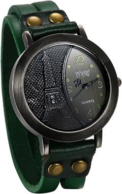 JewelryWe Mens Vintage Wrist Watch Multilayer Wrap Leather Quartz Watch Eiffel Tower Pattern Wristwatch for Fathers Day
