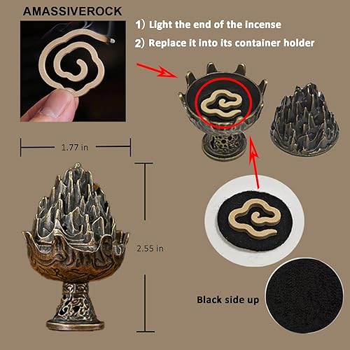 Miniatura 2 de AMASSIVEROCK Bobinas de incienso de sándalo (42 piezas) Bobina de incienso y soporte de incienso de latón, bobinas de incienso naturales con diseño