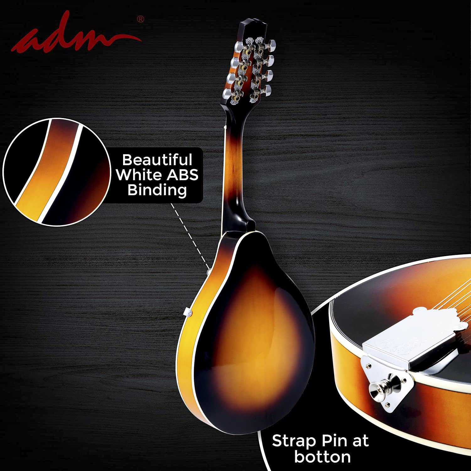 ADM Akustisches Mandolinen-Instrumenten-Set, Musik, A-Stil für Kinder, Studenten, Erwachsene, Holz-Mandolinen, Anfänger-Set mit Tasche, Stimmgerät, EQ, Gurt, Saiten, Plektren und Aufhänger, Sunbrust