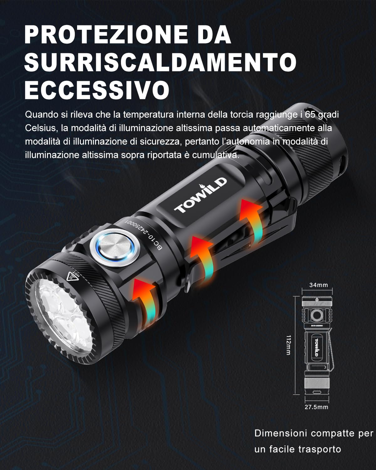 towild BC10 Torcia LED Potente Professionale, 4000 Lumen Super Luminoso EDC Torcia 5000 mAh Ricaricabile Pila IPX8 6 Modalità di Illuminazione Torce Elettriche Portatili Per Campeggio Emergenza