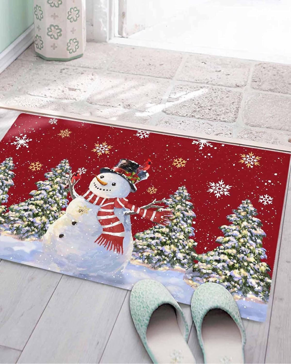 Christmas Snowman Bathroom Rug,Xmas Tree Red Bath Mat Soft Non Slip Doormat,Winter Snowflake Kitchen Rug Absorbent Carpet Furry Cozy Floor Mat for Bedroom Living Room 16x24in