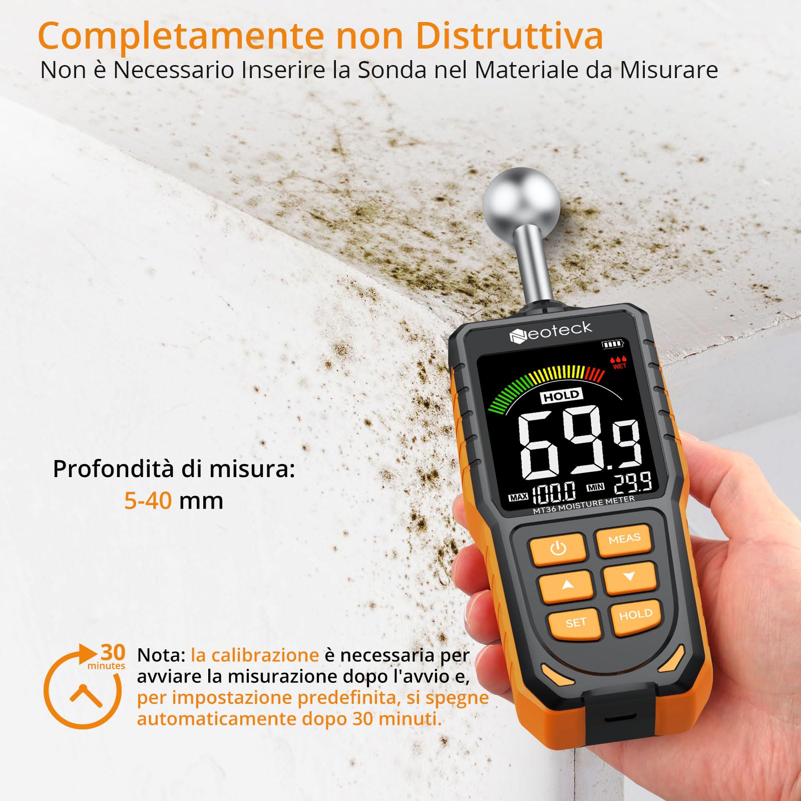 Neoteck Misuratore di Umidità Legno Ricaricabile, 5-40 mm di Profondità di Analisi Misuratore di Umidità Muri con Sonda con Schermo a Colori LCD e Allarme Umidità per Legno Intonaco Cemento Gesso
