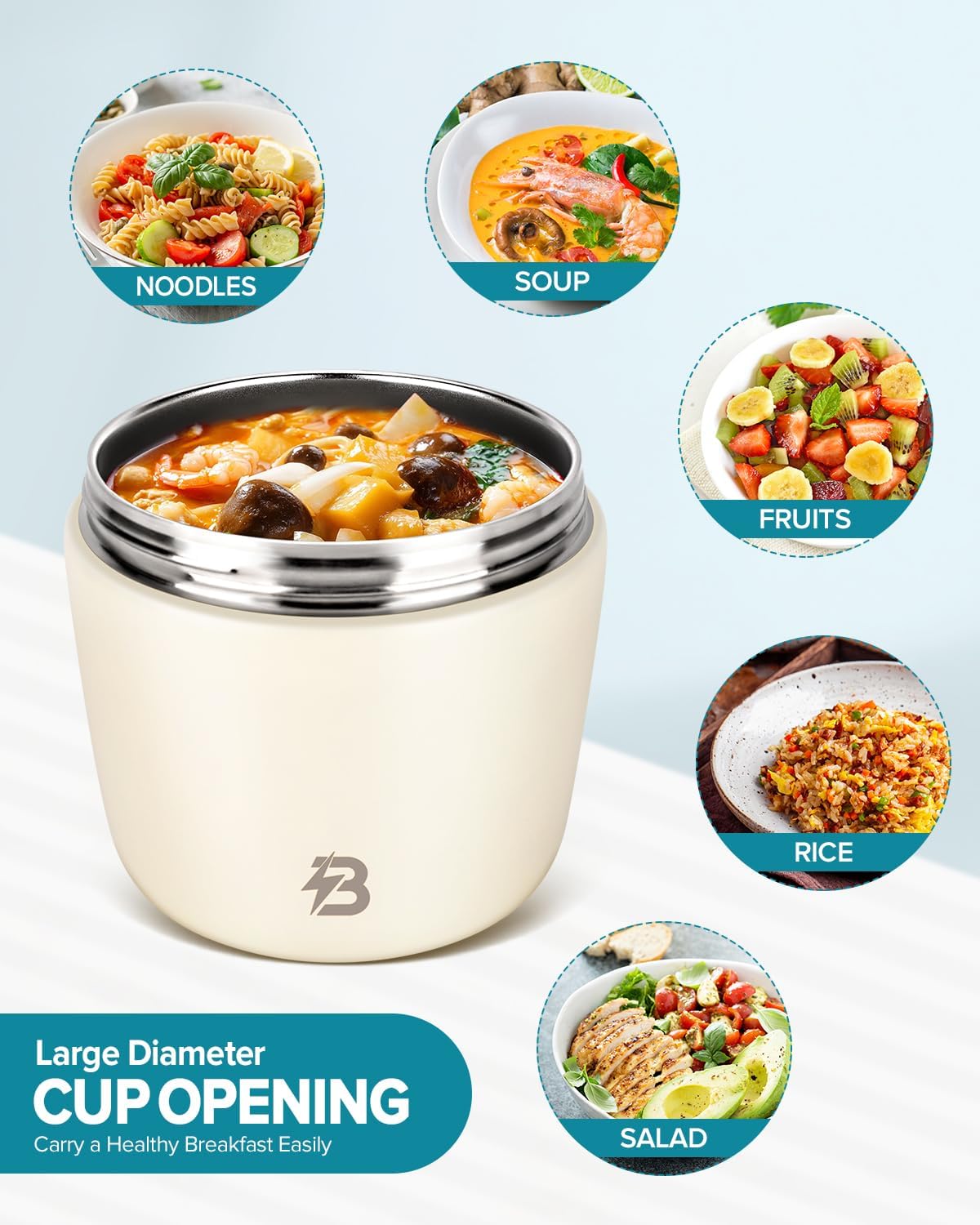 Thermo for Hot Food for Adults, 40OZ Wide Mouth Insulated Food Jar with Spoon, Leak Proof Stainless Steel Lunch Soup Thermo for Food (White)