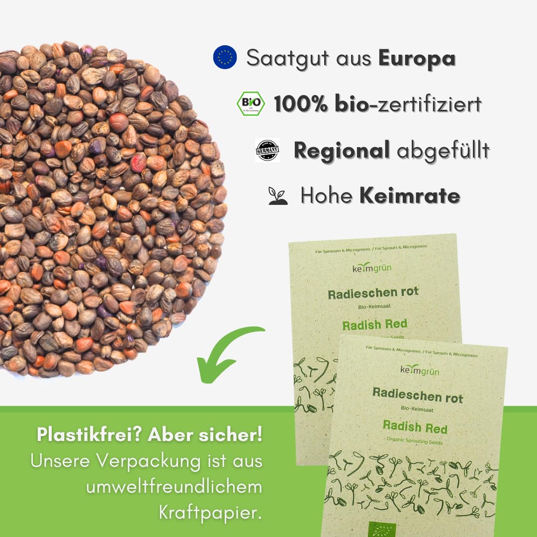 Bio Radieschen rot Samen - Sprossensamen für Sprossenglas oder Microgreens, Plastikfreie Verpackung, Regional Abgefüllt in Deutschland, Wähle zwischen 250g, 500g und 750g