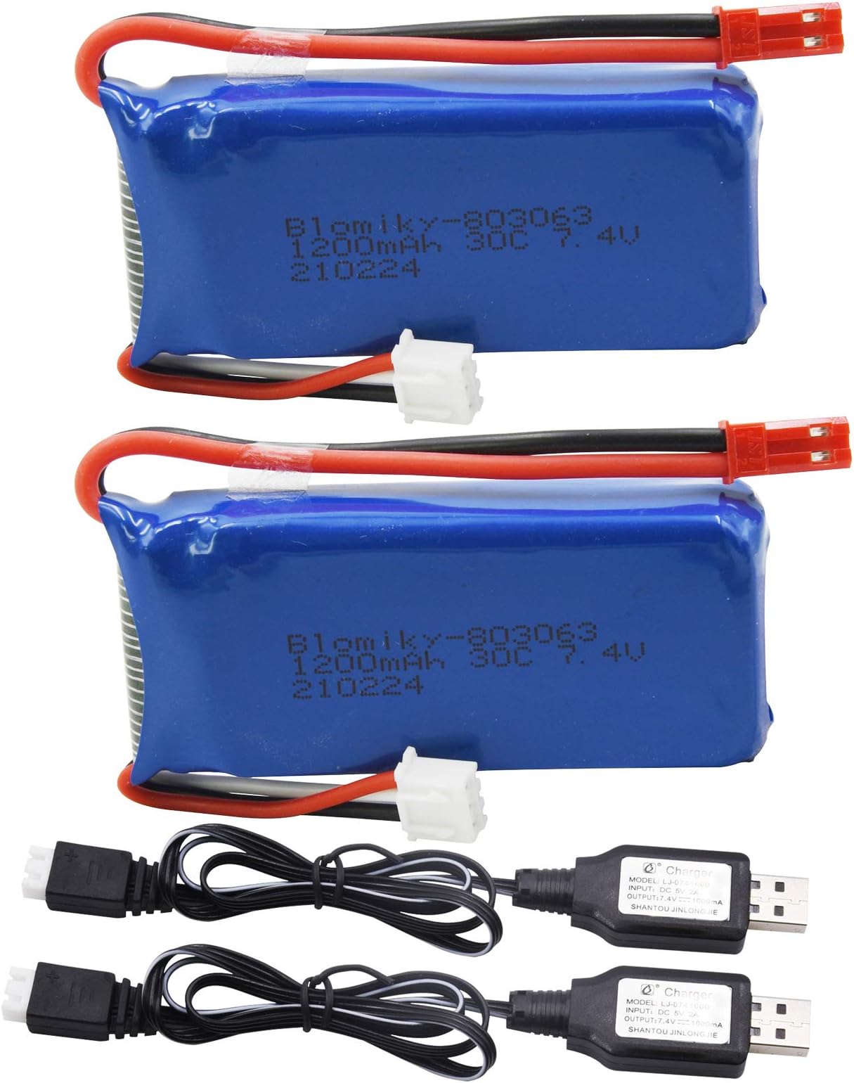 Blomiky 2 Pack 7.4V 1200mAH Lipo Battery Pack with JST Plug and USB Cable Replacement for UDIRC UD1601 UD1602 Pro Fisca Cheewing 1/16 Scale RC Truck RC Helicopter Drone Vehicles / X6 Battery and USB 2