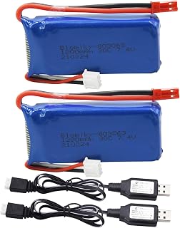 Blomiky 2 Pack 7.4V 1200mAH Lipo Battery Pack with JST Plug and Charger Replacement for UDIRC UD1601 UD1602 Pro Fisca Cheewing 1/16 Scale RC Truck RC Helicopter Drone Vehicles / X6 Battery and USB 2