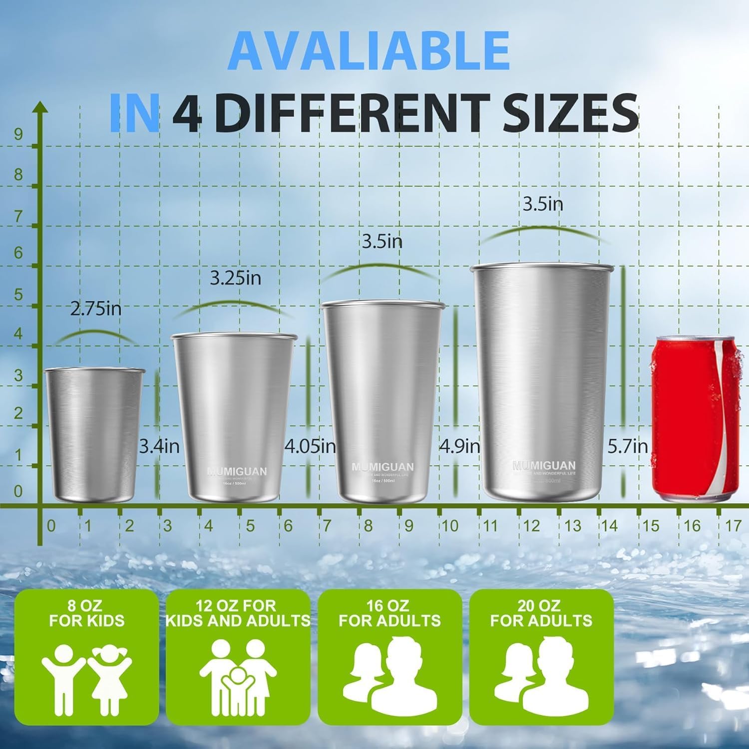 Stainless Steel Cups for Kids, Stackable 6 Pack, 12oz/350ml Metal Tumblers | BPA-free stainless steel cups; durable, reusable and stackable for kids, camping, picnics, school, travel and daily drinks.
