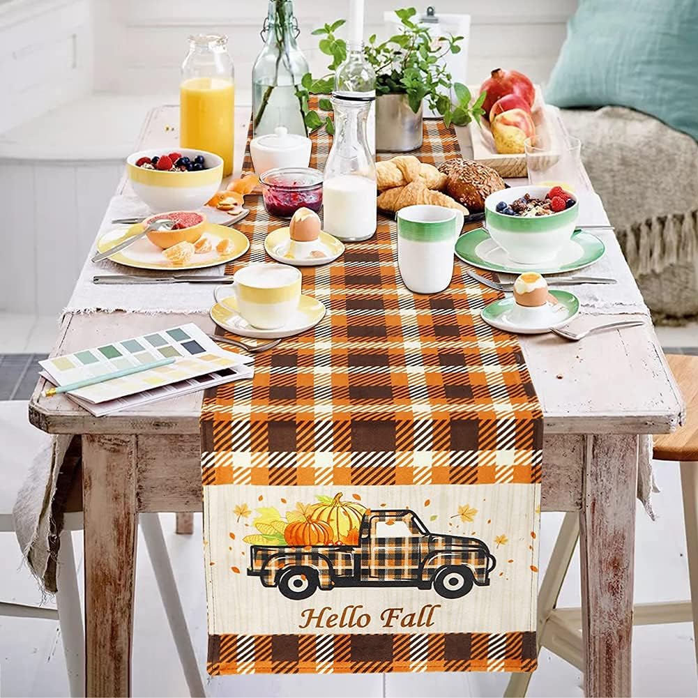 AerWo Fall Table Runner, Double Sided Buffalo Check Table Runner Printed with Pumpkins, Fall Leaves, Gnomes, Hello Fall, for Outdoor Indoor Dinner Thanksgiving Party Fall Table Decor (72 x 13 Inch)