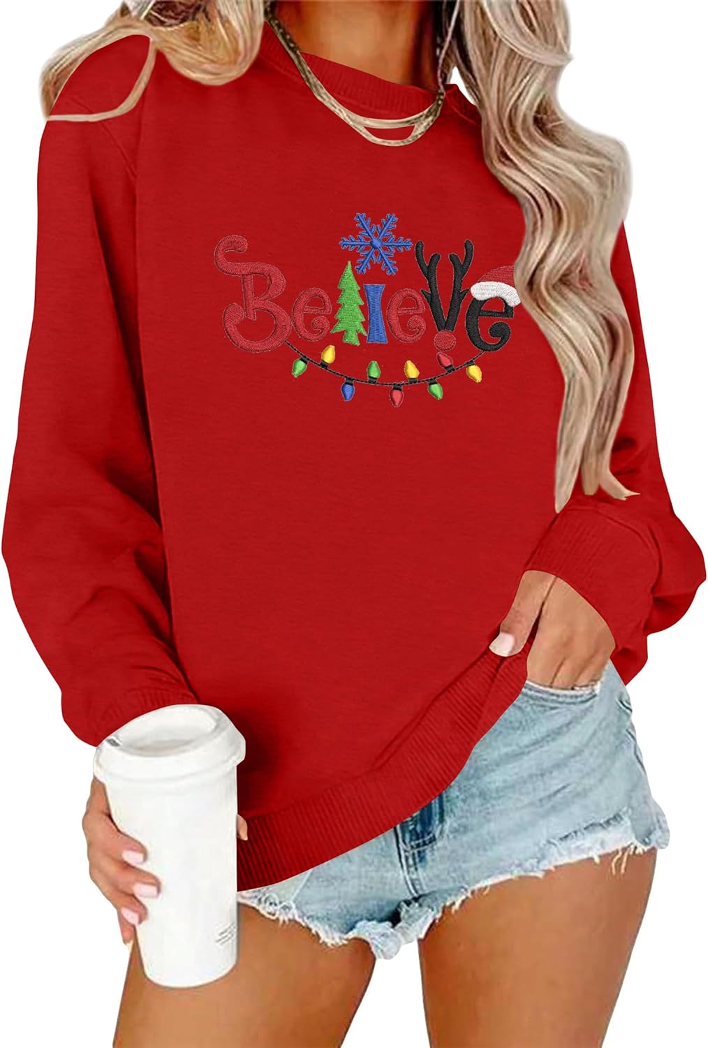 Christmas Believe Sweatshirt for Womens:Merry Christmas Sweater Xmas Embroidered Casual Pullover Long Sleeve Tops