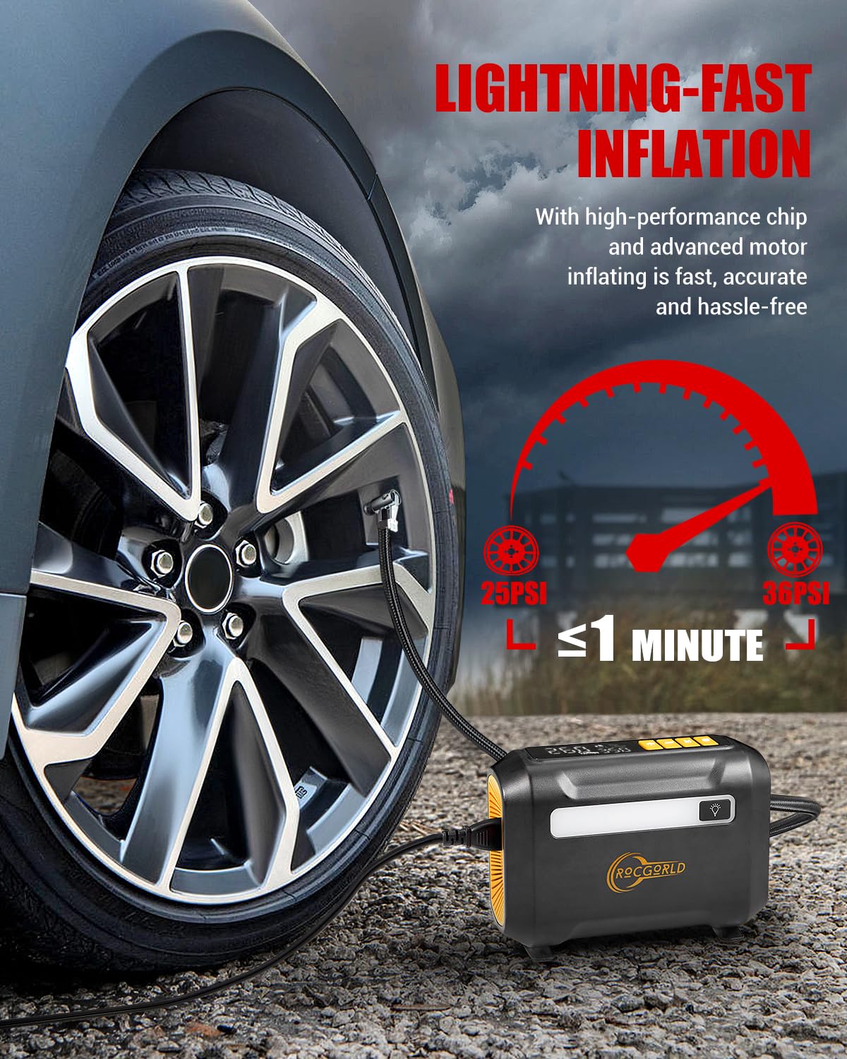 ROCGORLD R8 - Compresor de aire portátil para inflador de neumáticos, compresor de aire portátil de 12 V CC con pantalla digital doble grande, inflación 3 veces más rápida para neumáticos de coche