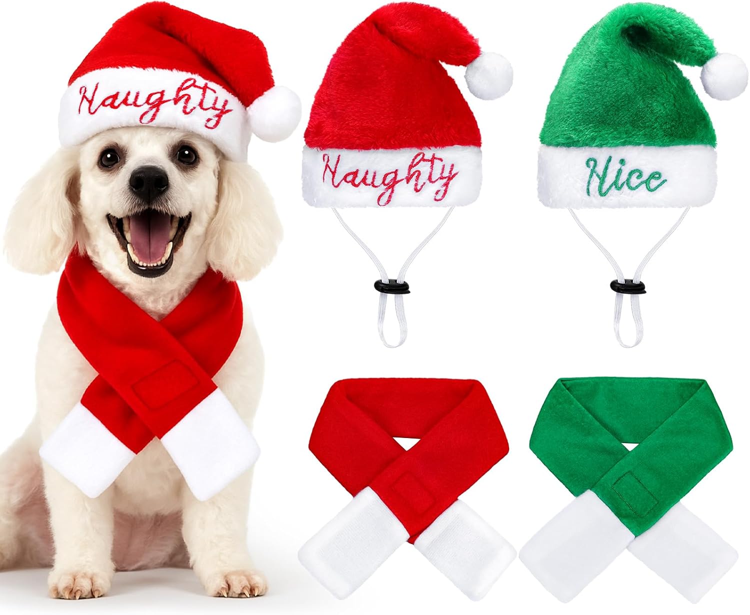 Disfraz navideño para perros y gatos, 4 piezas, gorro de Papá Noel con bufanda, talla única
