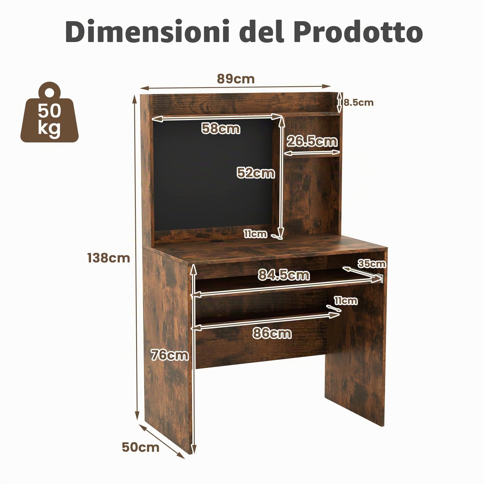 LIFEZEAL Scrivania, Scrivania Ufficio Porta Computer, PC, con Libreria e Lavagna Magnetica, 89x50cm, Scrittoio, in Legno, Moderno, Postazione di Lavoro, Studio, Piano Ampio, Portaoggetti (marrone)