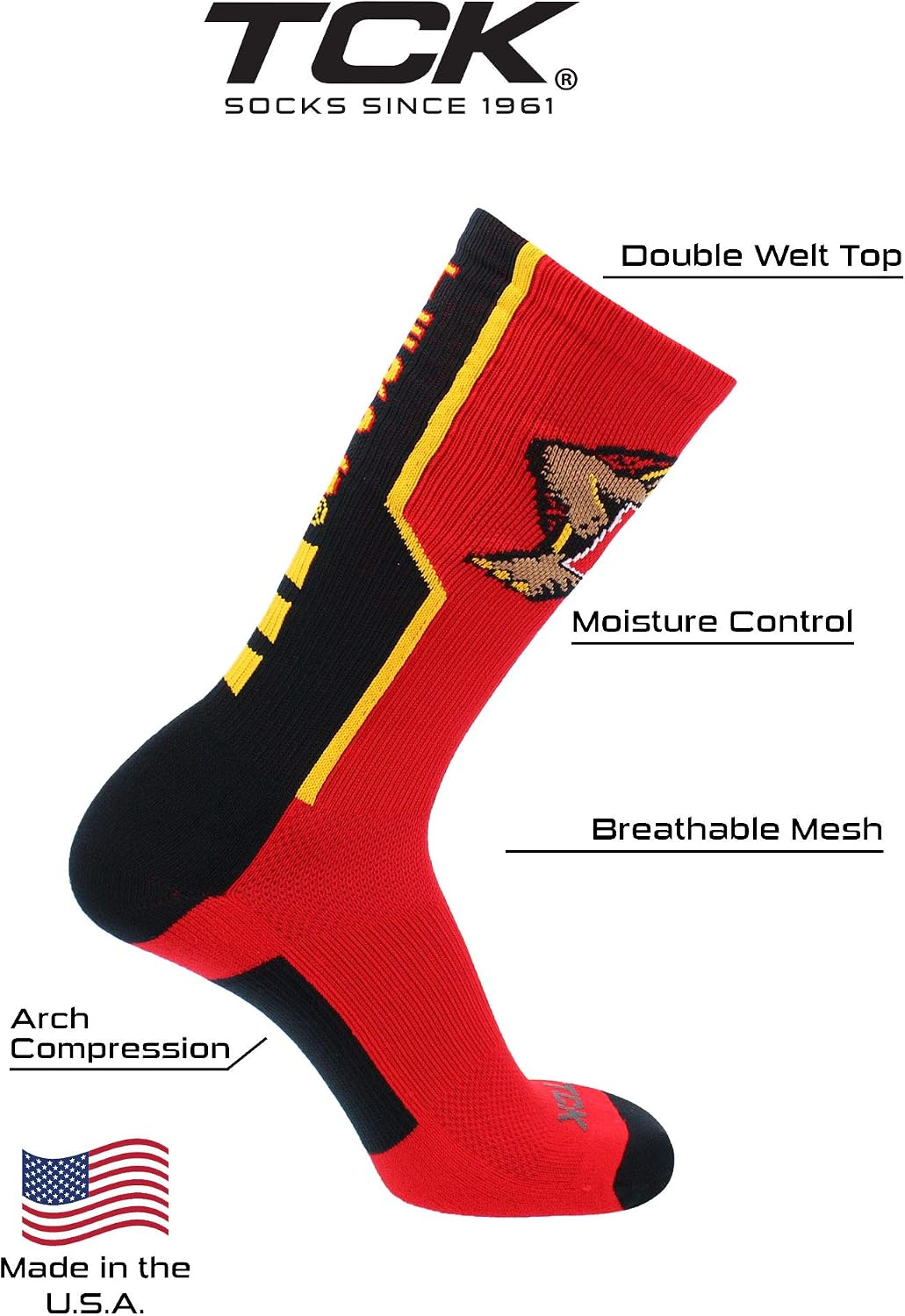 TCK NCAA Perimeter Crew Sock, Athletic Performance Team Sports Socks for Men and Women, Moisture Wicking, Officially Licensed