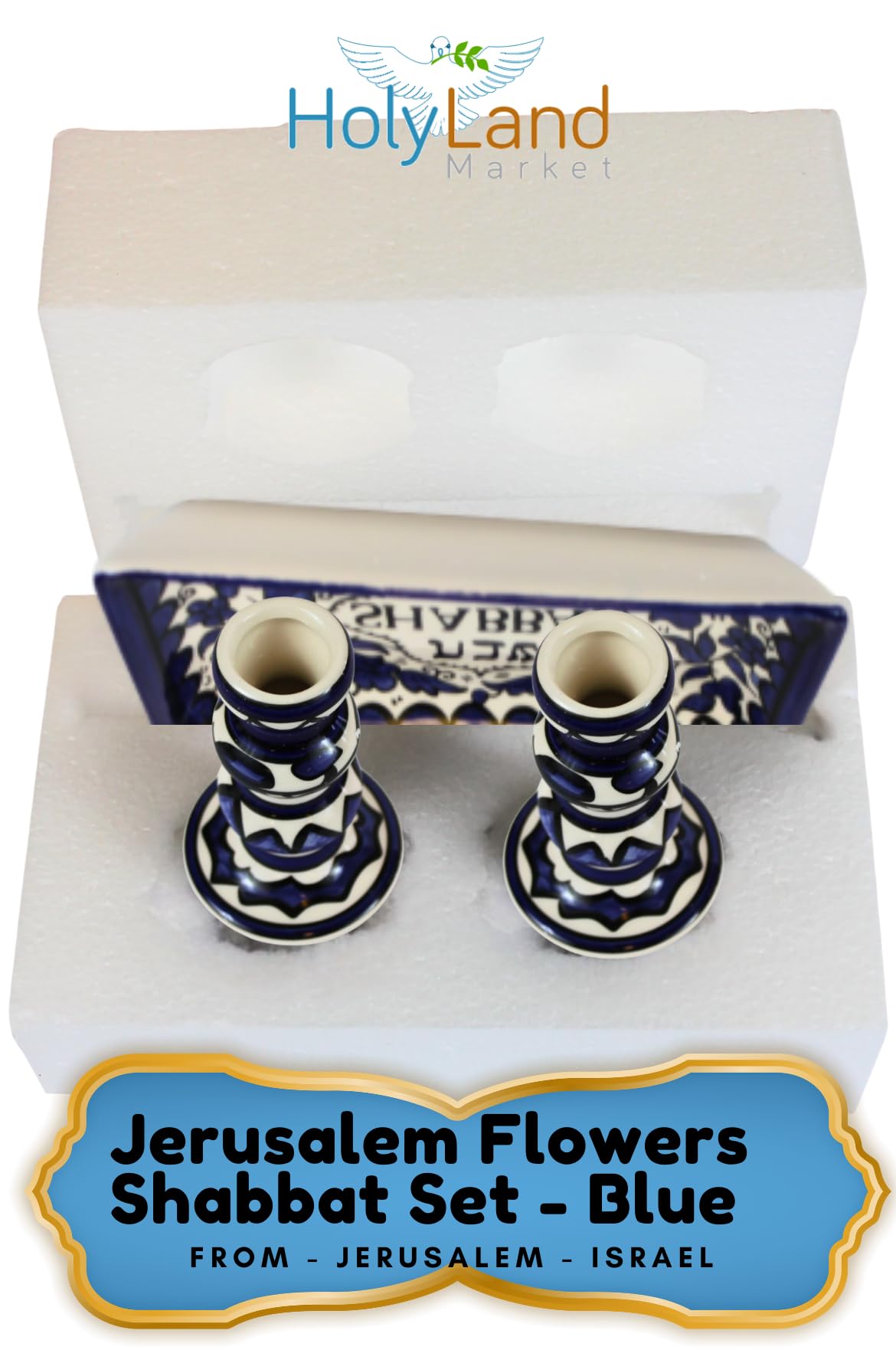 Holy Land Market Shabbat Kerzenständer Set Keramik Blau Kerzenhalter