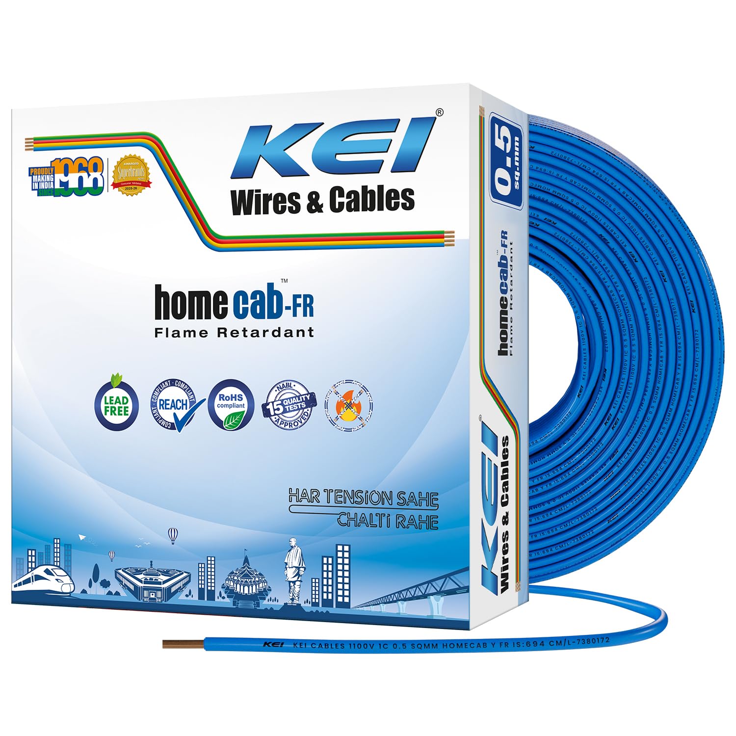 kei wires & cables homecab 0.5 sqmm 1 core copper flame retardant house wire pvc insulated cable for domestic & industrial electrical wiring (blue, 90 meters)