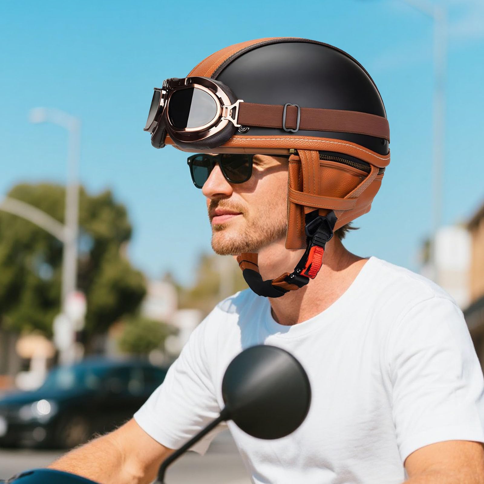 Vintage Deutsche Motorrad-Halbhelme Halbschalenhelm ECE-Zertifizierung mit Sonnenbrille Jethelm Retro-Scooter-Helm Cruiser Moped Offener Helm