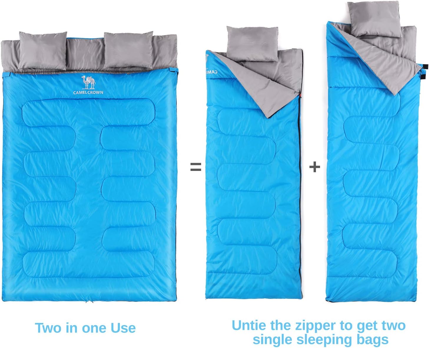 CAMEL CROWN Double Sleeping Bag - 4 Seasons Warm Cold Weather, Portable, Backpacking Hiking Camping Bag with Pillow for Camping & Adventures