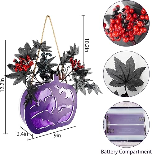 Miniatura 6 de Ruidazon Prelit - Letrero de corona de Halloween iluminado artificial para puerta delantera, funciona con pilas, letrero colgante de Halloween con