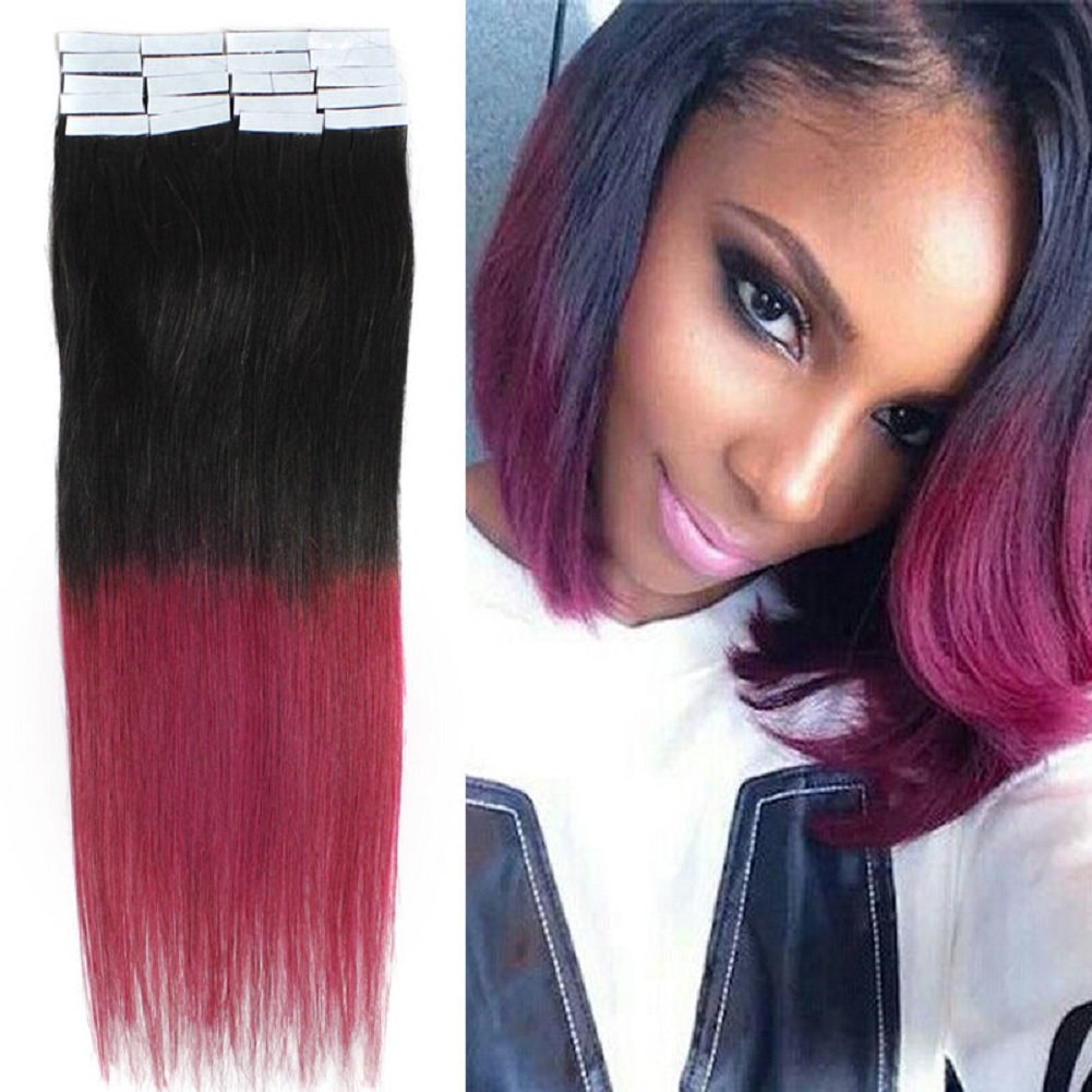 7A Tape in Skin Weft Remy Human Hair Extensions 16-24Inch Seamless Brazilian Hair (20''20Pcs50g, T Color 1B/Bug)