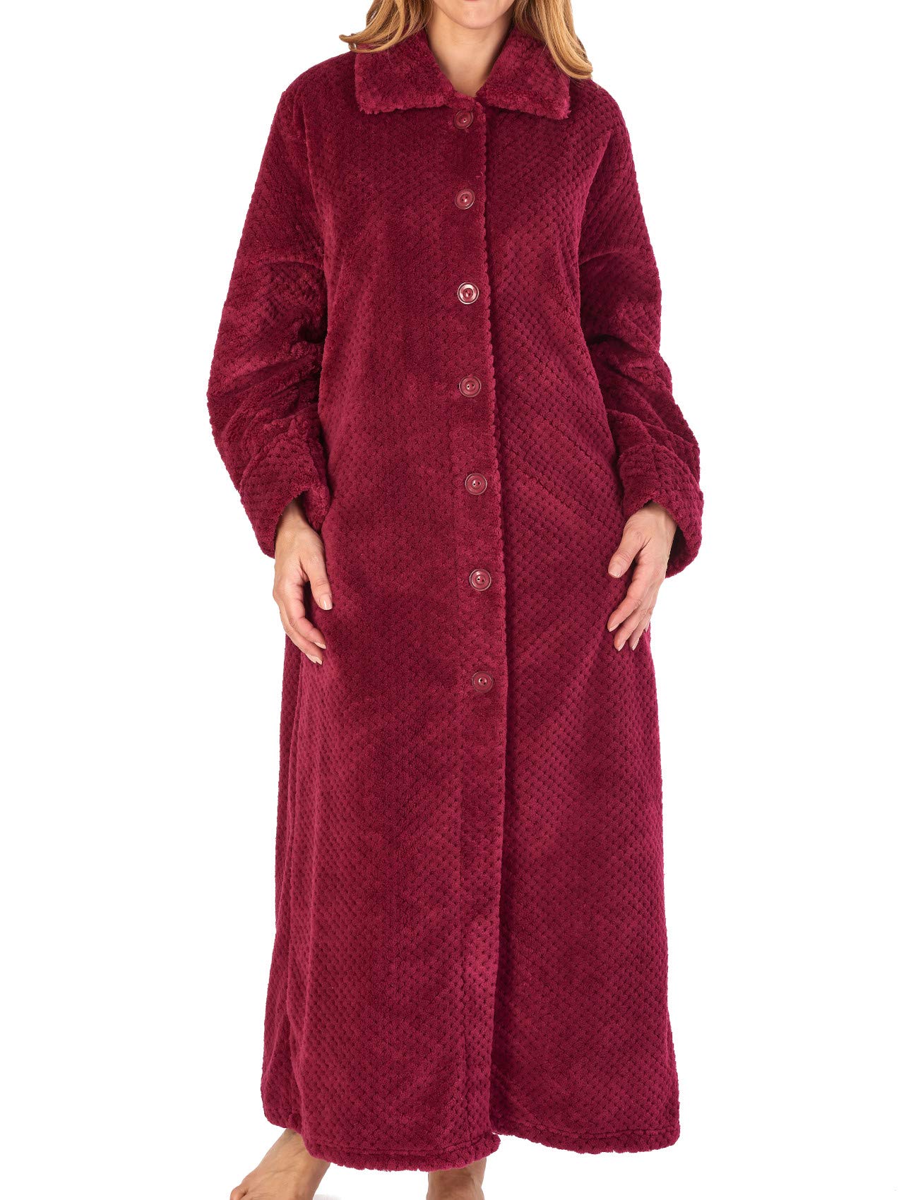 Slenderella Women's Raspberry Button Up Dressing Gown Waffle Fleece Ankle Length Bath Robe (Raspberry) Large