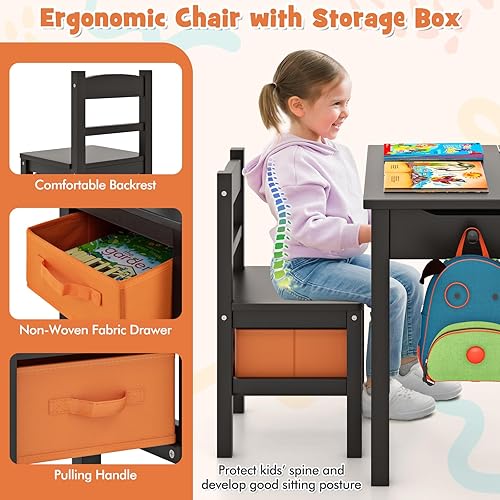 Miniatura 41 de HONEY JOY Juego de mesa y silla para niños, escritorio y silla de madera con cajón, soporte para rollo de papel y 2 rotuladores, juego de mesa de