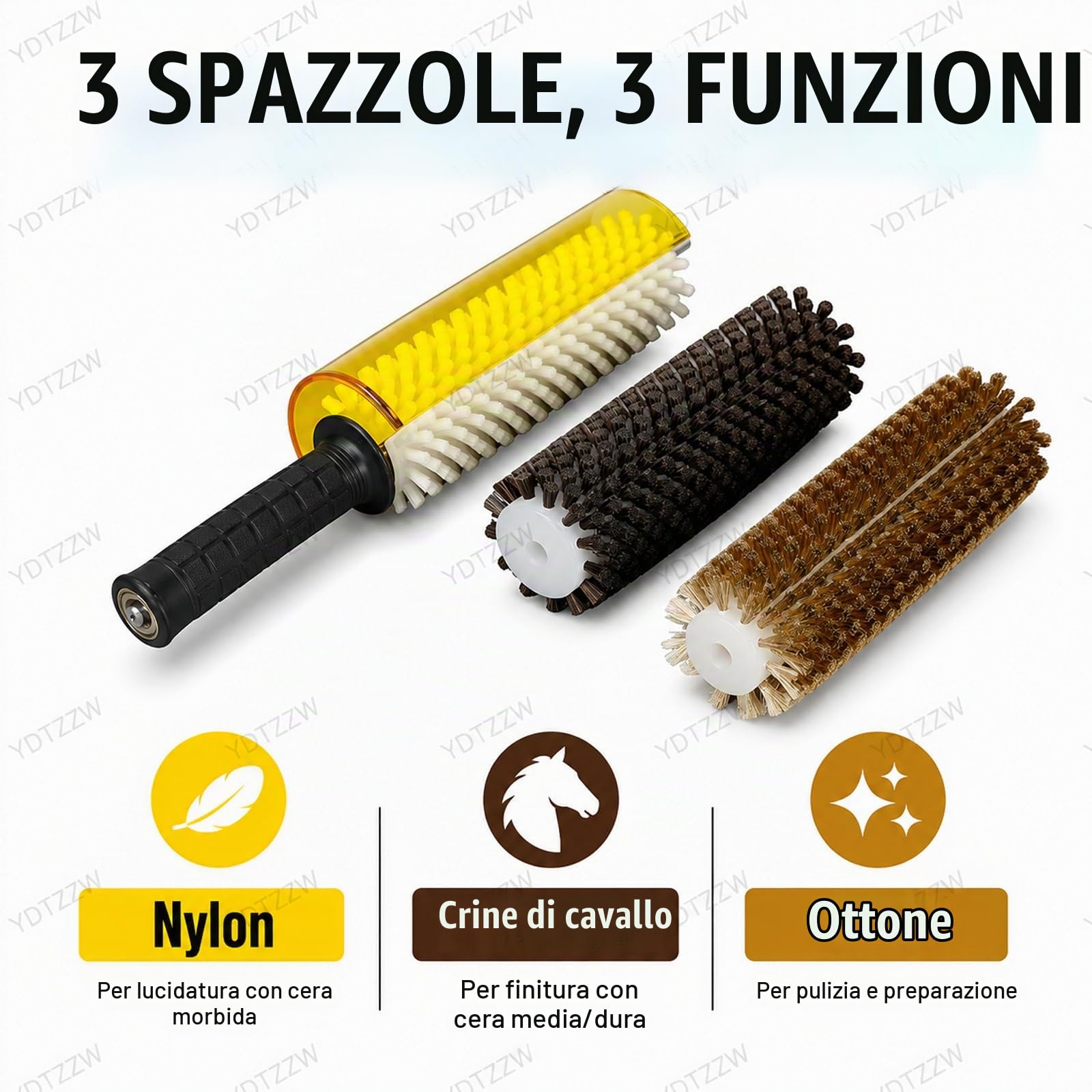 Kit Spazzola Rotante per Sci da 300 mm, ASSE per Manico Spazzola Rotante, Kit Spazzola per sciolina Snowboard con 3 spazzole in Nylon, Ottone, crine di Cavallo per sciolinatura
