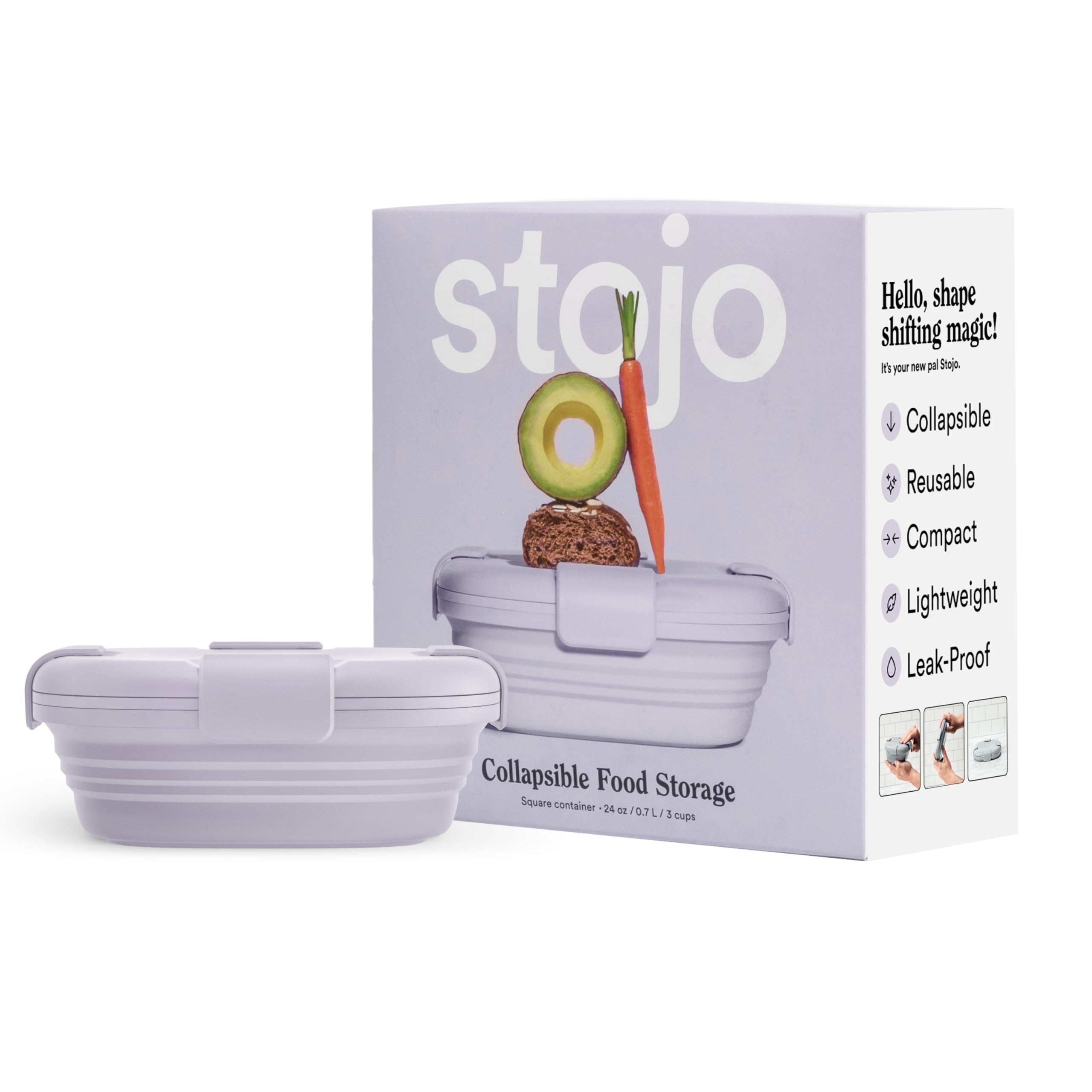 Stojo Collapsible Sandwich Box - Reusable Pocket Size Travel Camping Food Storage Snack Box with Lid - 24oz Carnation (LILAC)