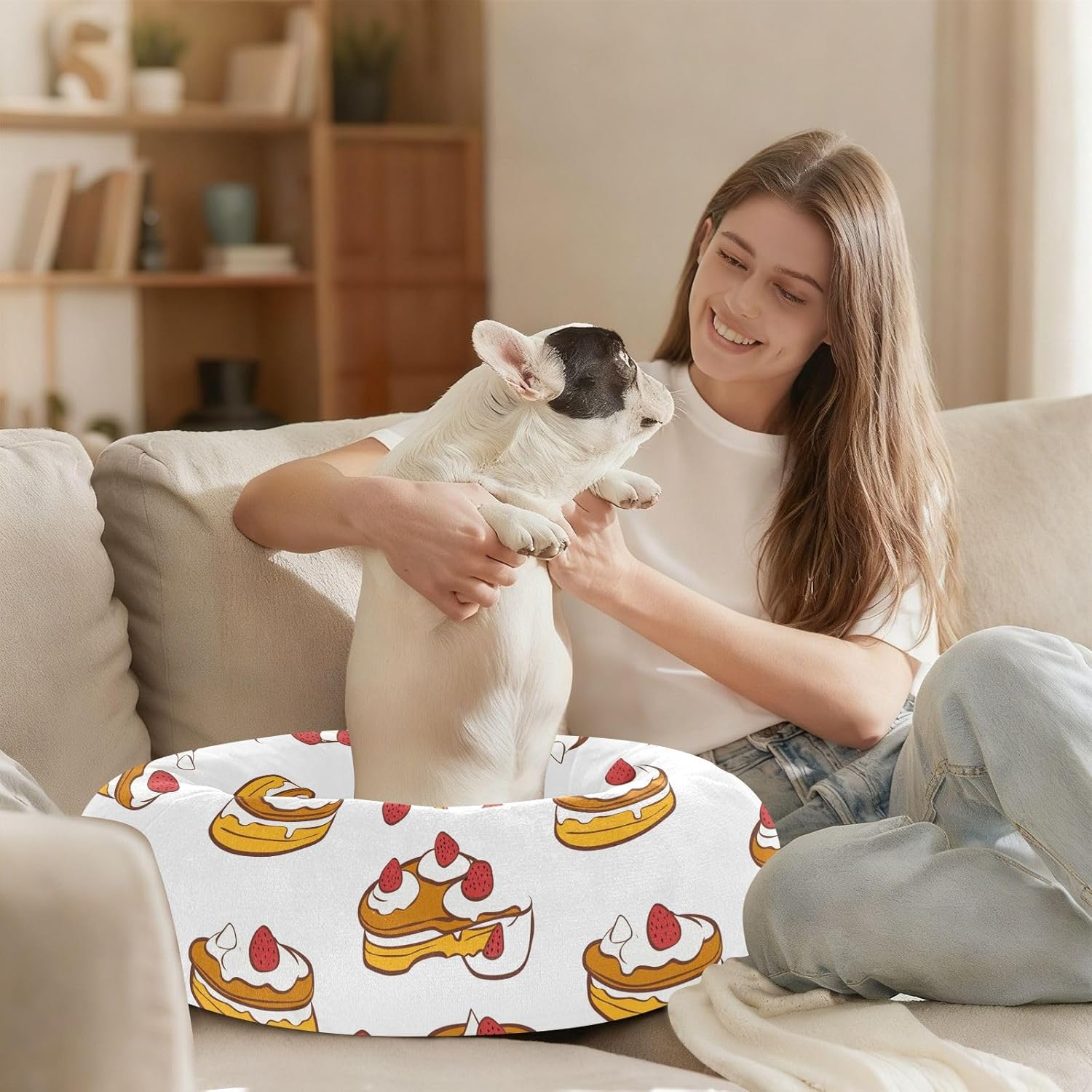 Pet Dog Bed Warm & Cozy Fluffy Cat Pillow Bed for Medium Size Pets Supplies M Cartoon Cute Strawberry Cakes