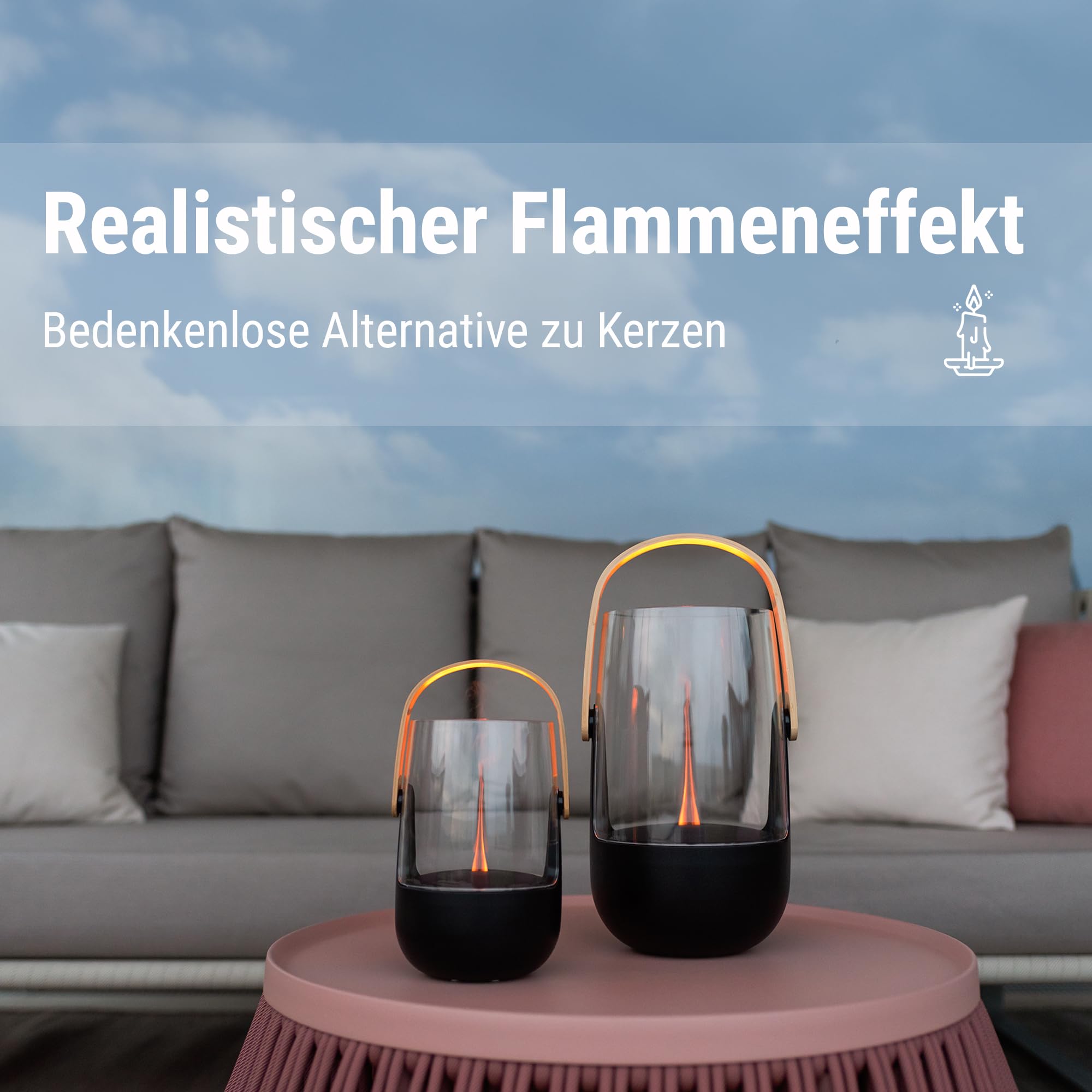 Stadler Form Aroma Diffuser & Laterne Sophie, für drinnen und draußen, verströmt ätherische Öle nach Wahl, mit Flammen-Effekt, im Akkubetrieb bis 11 h, schwarz mit Bambus-Griff