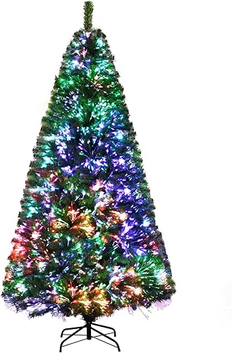 HAPPYGRILL Árbol de Navidad de fibra óptica preiluminado de 7 pies, árbol de Navidad artificial de abeto verde con soporte de metal, 820 puntas de