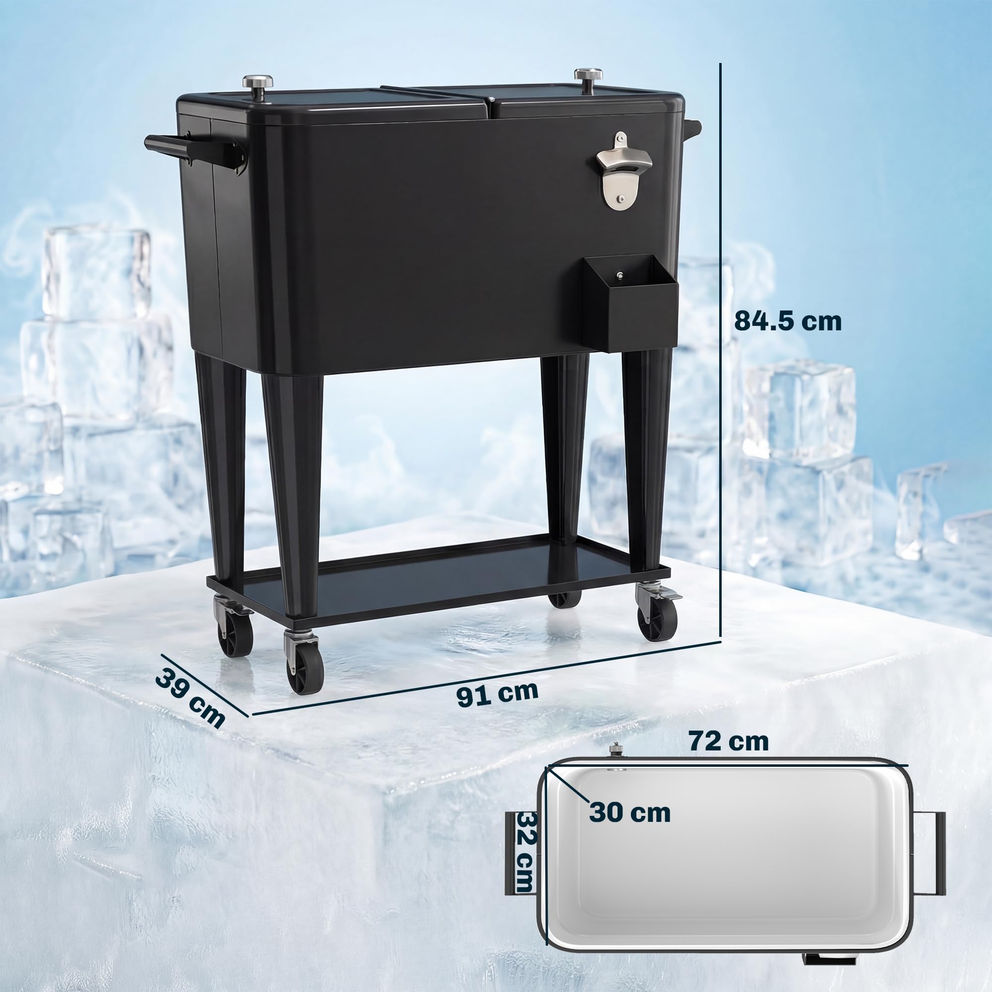 Outsunny Nevera de jardín de 76 l, carro para comida de jardín con estante, abrebotellas, ruedas bloqueables, archivador de tapones, portátil para bebidas, bar, patio y fiestas, color negro