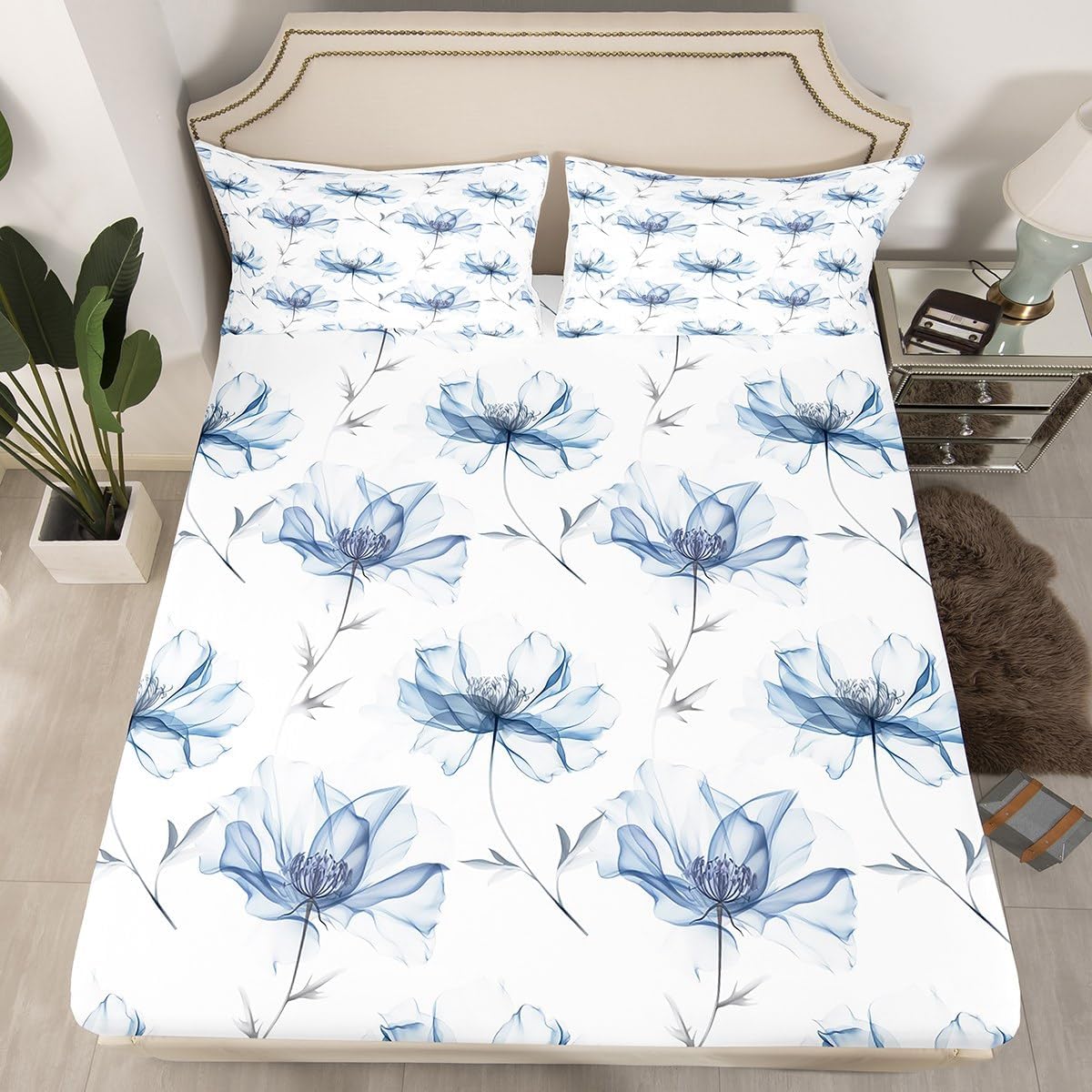 Hand Painted Leaf Rustic Style Fitted Sheet,Full Size Leaves Botanical Modern Nature Collections,Blue Flower Bedding Deep Pocket for Children Teens Young with 2 Pillowcases(No Flat Sheet)