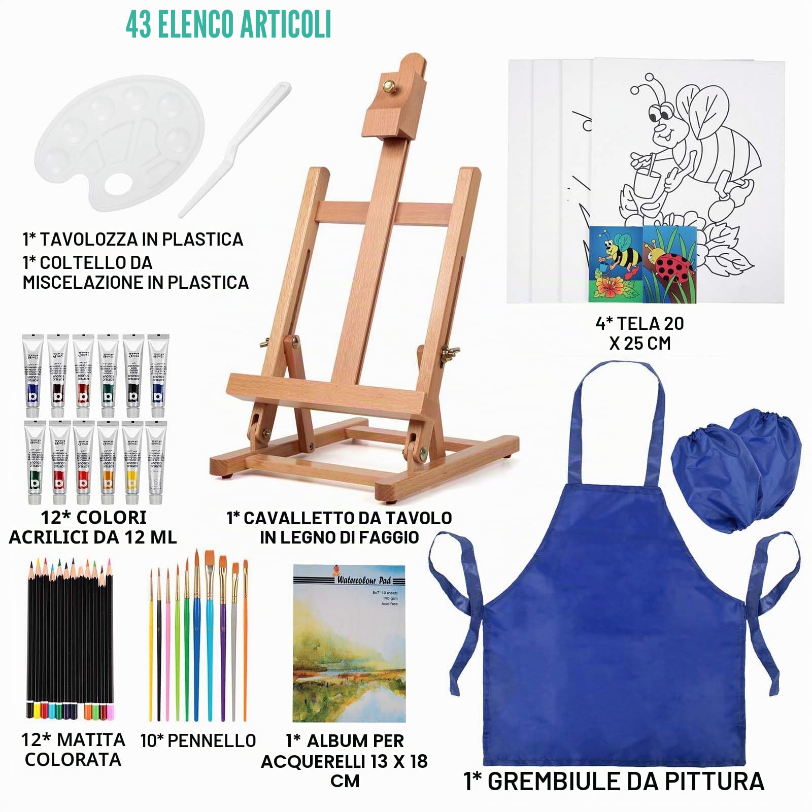 COOZEE Set da 43 pezzi con cavalletto da tavolo, set per pittura acrilica con 12 colori acrilici, 12 pastelli, pennelli, pannelli di tela e blocco ad acquerello per principianti e hobby