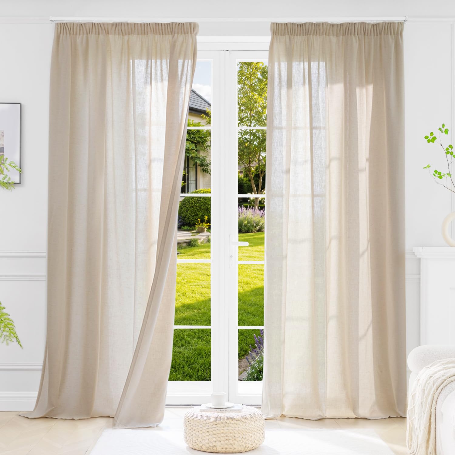 Rideau Voilage à 35% de Lin, Uni pour Fenêtre de Salon ou Chambre, Panneau de Draperie Intérieure avec Bande Multifonction pour Rail ou Tringle, Lin 140L X 280H cm (2pcs)