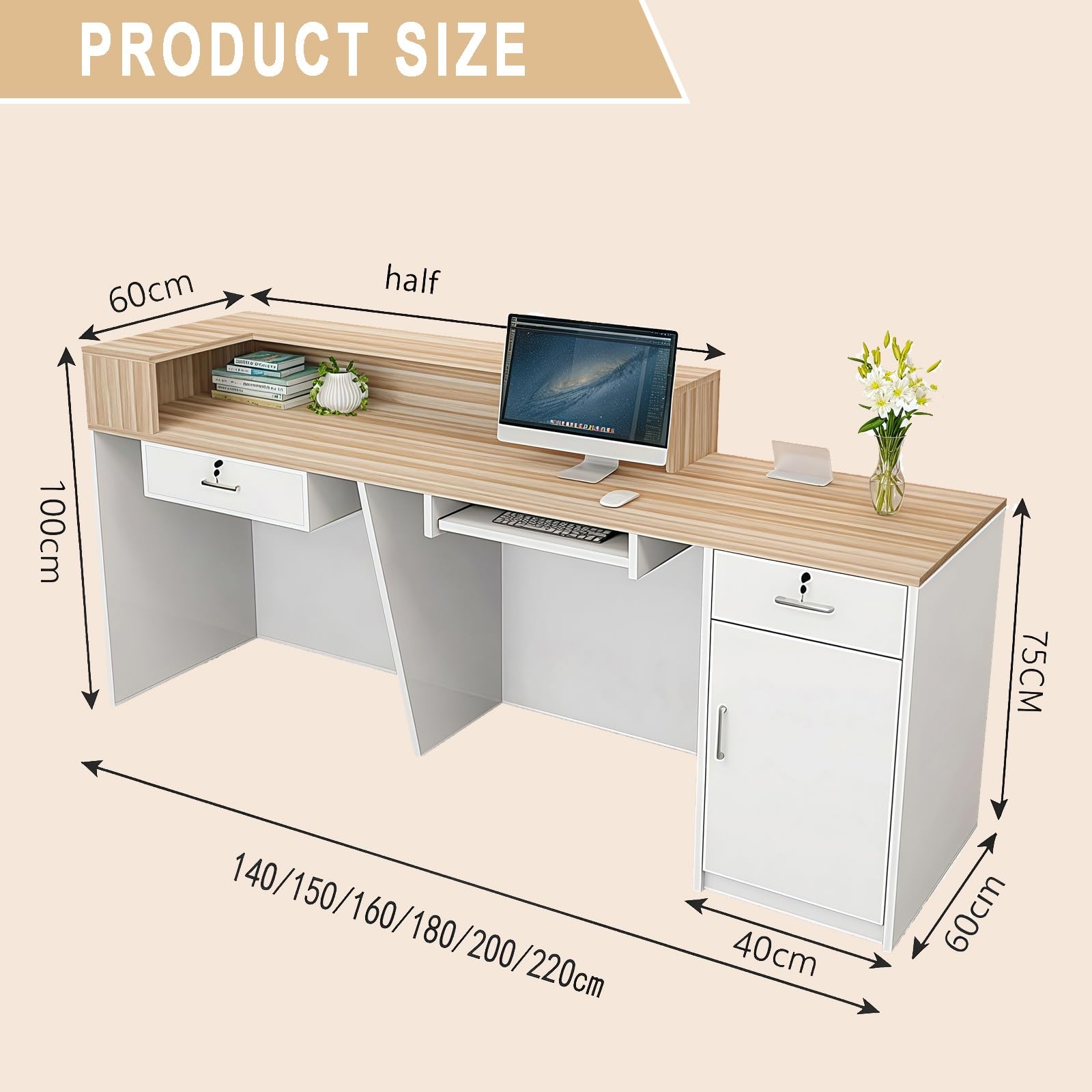 Moderno banco reception in legno con serratura e ripiano per tastiera, 200 x 60 x 100 cm, ideale per cassieri, uffici e aree di lavoro, soluzione di servizio clienti elegante e funzionale