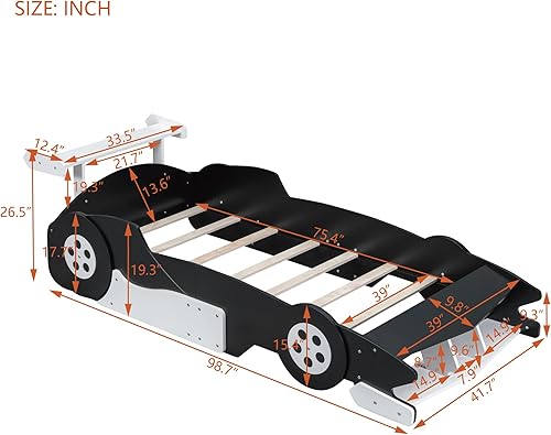 Miniatura 223 de Cama de plataforma en forma de auto de carreras con ruedas, cama de plataforma de madera tamaño individual con barandilla, cama de plataforma para