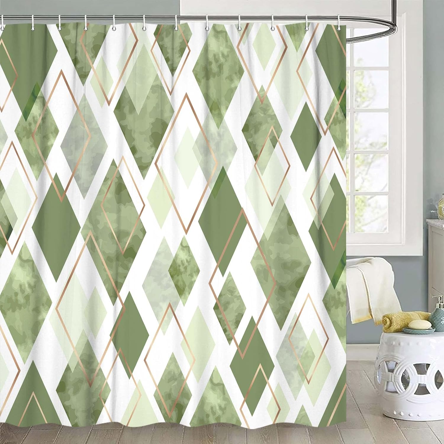 Sage Green Shower Curtain Set, Modern Geometric Diamond Pattern Print Art Decor Waterproof Bath Curtain, Green Gold Abstract Fabric Polyester Shower Curtains with Hooks for Bathroom,72X78IN