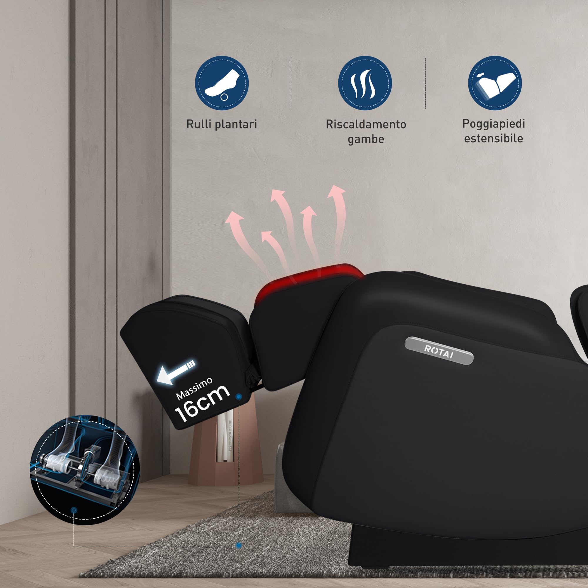ROTAI ARONT Poltrona massaggiante 3D+ - 12 programmi professionali di massaggio e pressoterapia - Termoterapia - Tecnologia Gravità e Spazio Zero Suono 3D Bluetooth